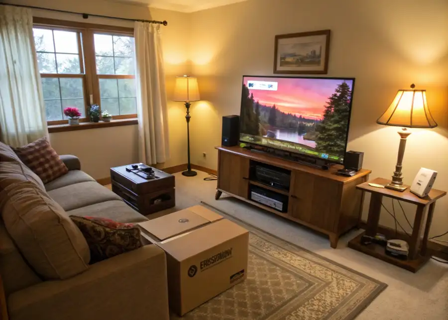 a room with a television connected with a TV box